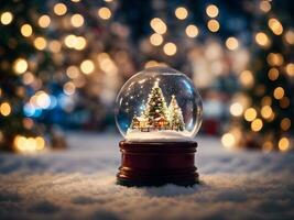 Snow globe with christmas tree on snow and bokeh background photo