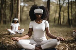 Two women in a forest with vr headset photo