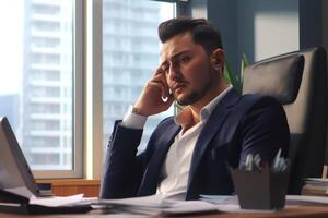 A man in a suit sits at a desk in front of a window with a cityscape in the background. photo