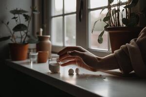 A woman sits on a windowsill, her hand is holding a white ball of white powder. photo