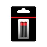 Alkaline Battery in Paper Blister and Battery Icon Set Closeup Isolated. AA Size. Design Template for Branding, Mockup. vector