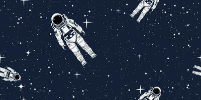 Seamless pattern of an astronaut in space against a background of twinkling stars. Sketch style. vector