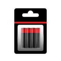 Alkaline Battery in Paper Blister and Battery Icon Set Closeup Isolated. AA Size. Design Template for Branding, Mockup. vector