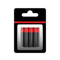 Alkaline Battery in Paper Blister and Battery Icon Set Closeup Isolated. AA Size. Design Template for Branding, Mockup. vector