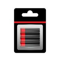 Alkaline Battery in Paper Blister and Battery Icon Set Closeup Isolated. AA Size. Design Template for Branding, Mockup. vector