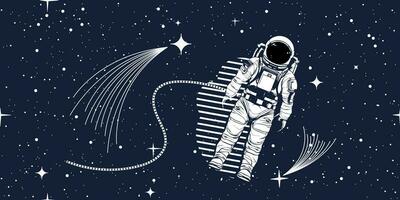 An astronaut flying in the starry sky. Space composition in sketch style. vector