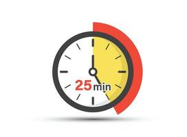 25 minutes on stopwatch icon in flat style. Clock face timer vector illustration on isolated background. Countdown sign business concept.