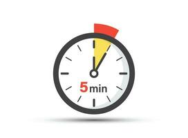 5 minutes on stopwatch icon in flat style. Clock face timer vector illustration on isolated background. Countdown sign business concept.