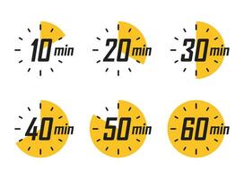 From 10 minites to 60 minutes on stopwatch icon in flat style. Clock face timer vector illustration on isolated background. Countdown sign business concept.