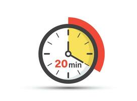 20 minutes on stopwatch icon in flat style. Clock face timer vector illustration on isolated background. Countdown sign business concept.