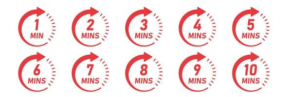 From 1 minite to 10 minutes on stopwatch icon in flat style. Clock face timer vector illustration on isolated background. Countdown sign business concept.