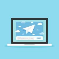 Banner of email marketing with laptop computer icon in flat style. Subscription to newsletter vector illustration on isolated background. Subscribe, submit sign business concept.