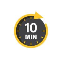 10 minutes on stopwatch icon in flat style. Clock face timer vector illustration on isolated background. Countdown sign business concept.