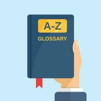 Glossary book in hand icon in flat style. Guidebook encyclopedia vector illustration on isolated background. A-Z notebook sign business concept.