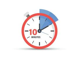 10 minutes on stopwatch icon in flat style. Clock face timer vector illustration on isolated background. Countdown sign business concept.