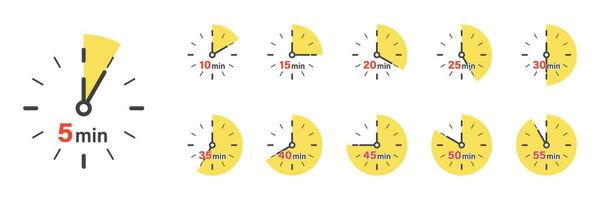 From 5 minutes to 55 minutes on stopwatch icon in flat style. Clock face timer vector illustration on isolated background. Countdown sign business concept.