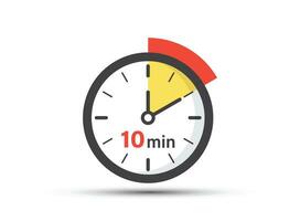 10 minutes on stopwatch icon in flat style. Clock face timer vector illustration on isolated background. Countdown sign business concept.