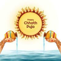 Indian celebration for happy chhath puja with background and sun vector