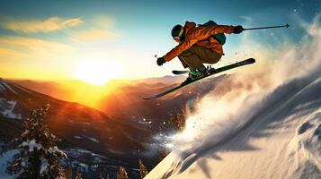 ai generative Winter extreme sports cool shot of ski in motion photo