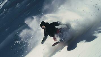 ai generativo invierno extremo Deportes frio Disparo de tabla de snowboard en movimiento foto