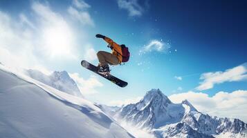 ai generativo invierno extremo Deportes frio Disparo de tabla de snowboard en movimiento foto