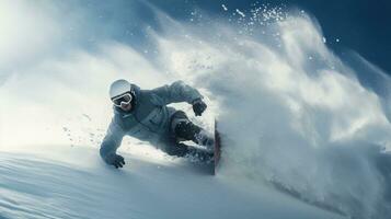 ai generativo invierno extremo Deportes frio Disparo de tabla de snowboard en movimiento foto