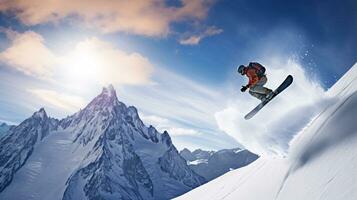 ai generativo invierno extremo Deportes frio Disparo de tabla de snowboard en movimiento foto