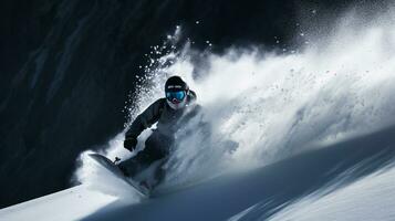 ai generativo invierno extremo Deportes frio Disparo de tabla de snowboard en movimiento foto