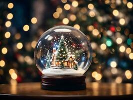 Snow globe with christmas tree on snow and bokeh background photo