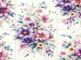 beautiful spring floral seamless patterns with flowers leaves purple and pink on white background. Hand draw photo