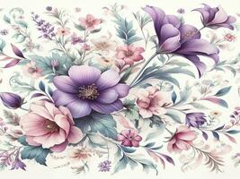 beautiful spring floral seamless patterns with flowers leaves purple and pink on white background. Hand draw photo