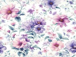 beautiful spring floral seamless patterns with flowers leaves purple and pink on white background. Hand draw photo