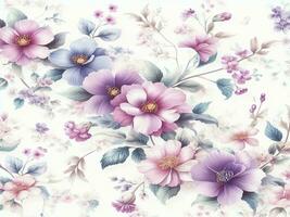 beautiful spring floral seamless patterns with flowers leaves purple and pink on white background. Hand draw photo