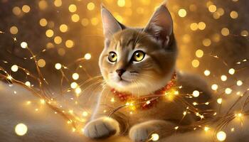 Cat with Fairy Lights. Ai Generative. photo