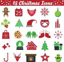 Set of christmas icons. Red and green christmas vector emojis including christmas lights, bells, snow flakes, fireplace, mistletoe and gingerbread.