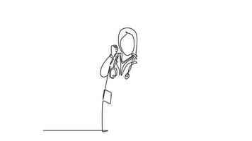 Self drawing animation of single line draw of young happy male doctor hugging female doctor to celebrate their successive work. Medical health care service. Continuous line draw. Full length animated video