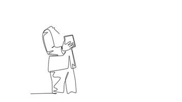 Self drawing animation of single line draw young of happy business man hugging his friend to celebrate their successive business deal. Business contract success. Continuous line. Full length animated video