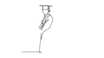 animado yo dibujo de continuo línea dibujar de joven contento Pareja graduado Universidad estudiante sostener papel, celebrar su graduación desde universidad. educación concepto. lleno longitud uno línea animación video