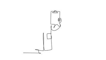 Animated self drawing of continuous line draw of young happy male doctor showing medical to do list task on clipboard and giving good hand gesture. Medical check up. Full length single line animation video