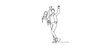 Animated self drawing of continuous line draw group male manager and pretty female manager celebrating their success achieve business target. Team work goal concept. Full length single line animation video