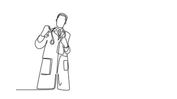 Self drawing animation of single line group of happy male doctor and female doctor celebrating their successful cure patient. Medical health care services. Continuous line draw. Full length animated video