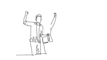 Self drawing animation of single line draw group of happy ceo and his colleagues celebrating success achieving the company business target. Team work goal. Continuous line draw. Full length animated video
