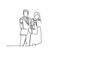 Animated self drawing of continuous line draw group of business man and business woman line up to celebrate their success achieve the business target. Team work goal. Full length single line animation video