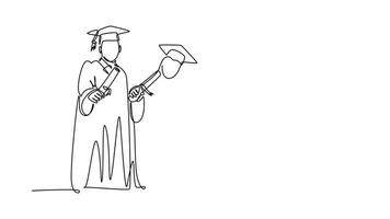 animado yo dibujo de continuo línea dibujar de grupo masculino y hembra Universidad estudiante espectáculo su graduación letra a celebrar graduado desde escuela. educación concepto. lleno longitud uno línea animación video