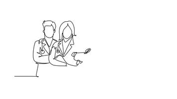 Self drawing animation of single line draw group of happy male and female doctor line up to celebrate their successful surgery operation. Team work success. Continuous line draw. Full length animated video