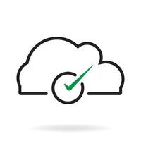 Cloud check mark line icon. Approved access tick symbol. Cloud computing connected or yes sign. Download or upload finished. Software update process completed. Vector illustration, flat, clip art.