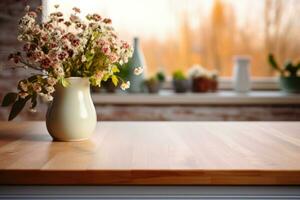 Homemade wooden kitchen countertop with front focus and blurred background. Vase with flowers on table in kitchen with large window. Place for text. Generated by artificial intelligence photo