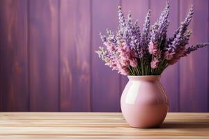 Bouquet of lavender in a vase on a wooden table. Lilac background. Generated by artificial intelligence photo