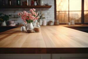 Homemade wooden kitchen countertop with front focus and blurred background. Vase with flowers on table in kitchen with large window. Place for text. Generated by artificial intelligence photo