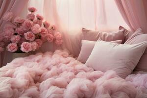 Bedroom with a large double bed with soft pink fluffy linens in the shape of clouds, pink pillows and curtains. Sweet sound sleep concept at home. Generated by artificial intelligence photo